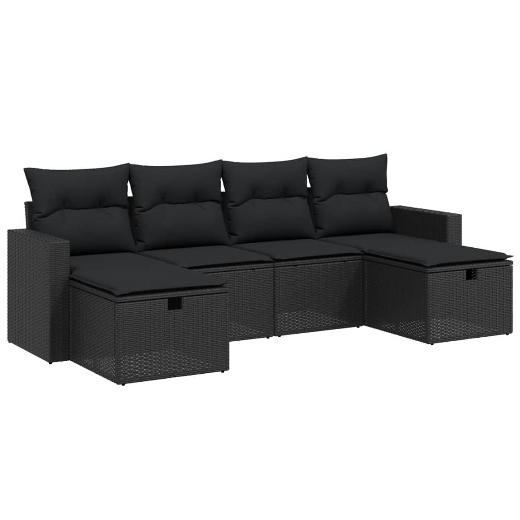 6-tlg. Garten-Sofagarnitur mit Kissen Schwarz Poly Rattan