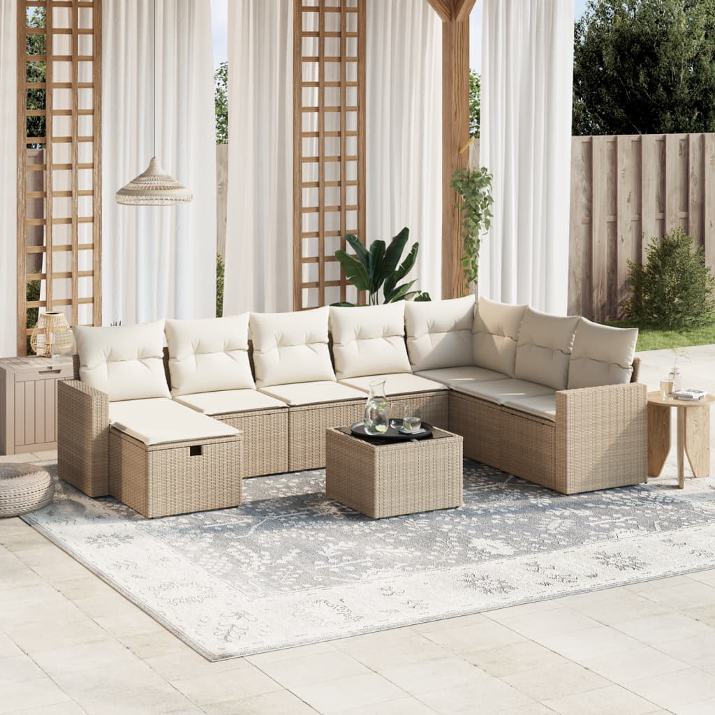 9-tlg. Garten-Sofagarnitur mit Kissen Beige Poly Rattan