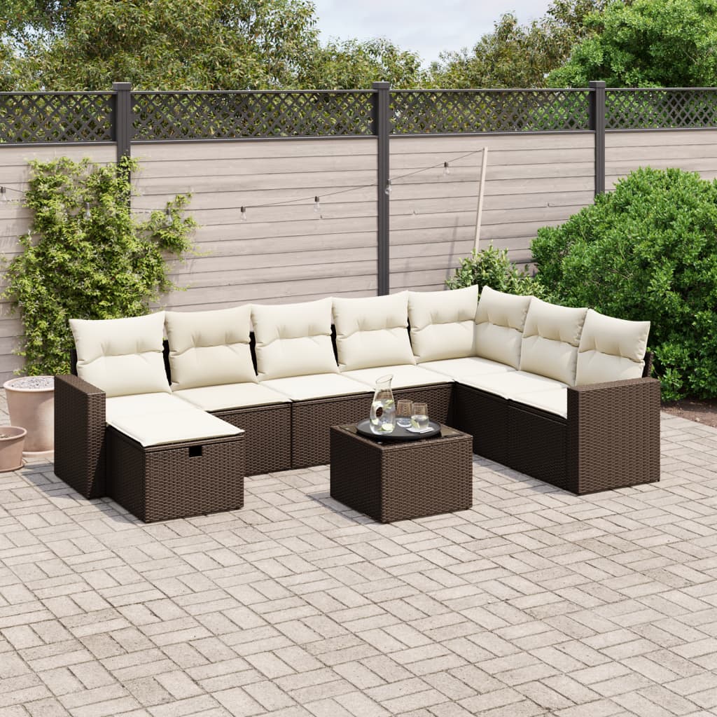 9-tlg. Garten-Sofagarnitur mit Kissen Braun Poly Rattan
