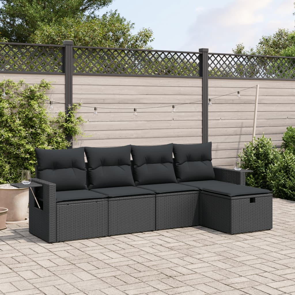 5-tlg. Garten-Sofagarnitur mit Kissen Schwarz Poly Rattan