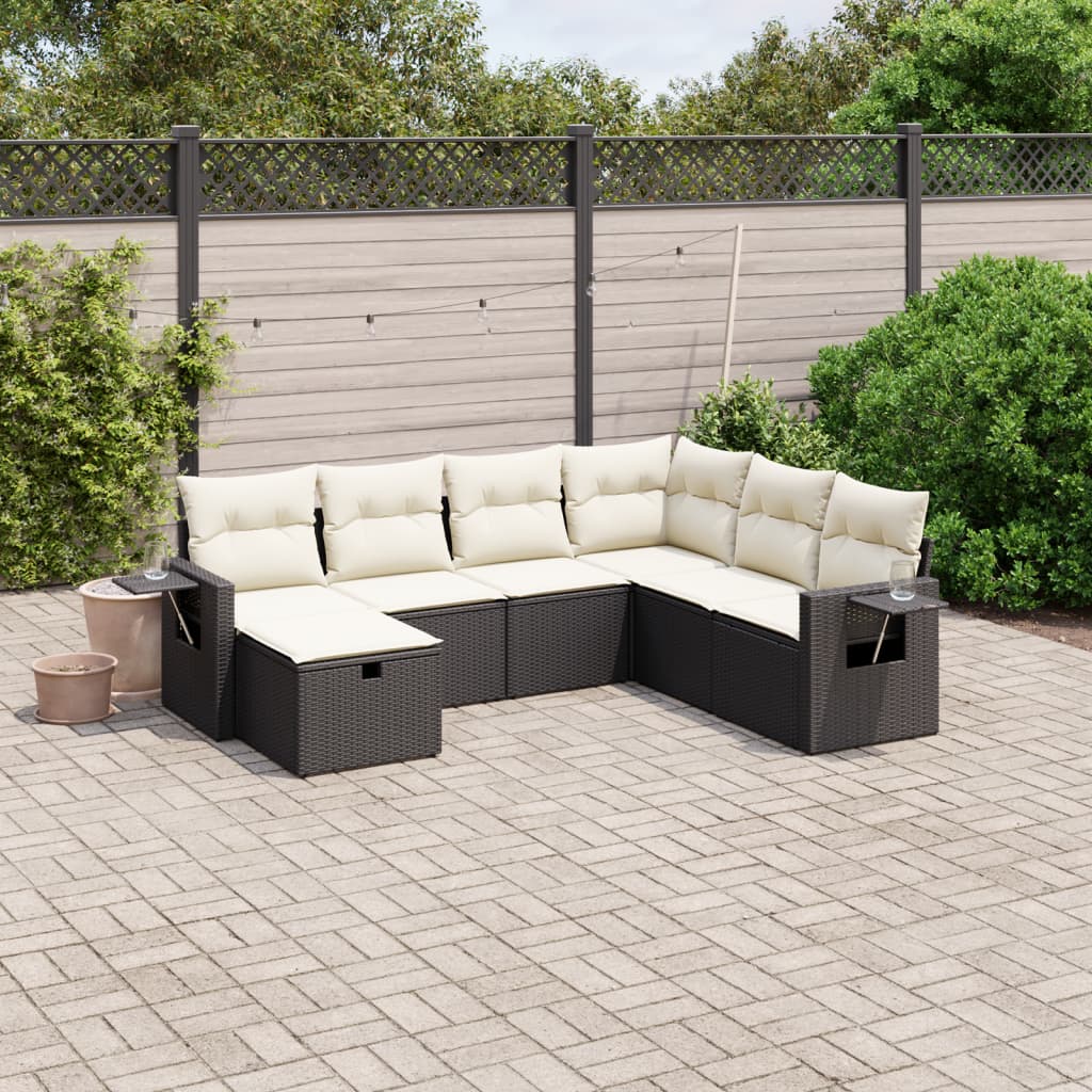 7-tlg. Garten-Sofagarnitur mit Kissen Schwarz Poly Rattan
