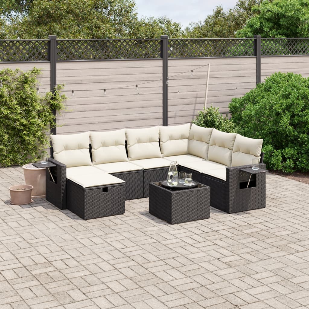8-tlg. Garten-Sofagarnitur mit Kissen Schwarz Poly Rattan