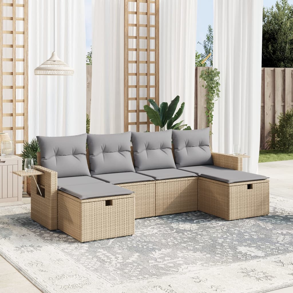 6-tlg. Garten-Sofagarnitur mit Kissen Beige Poly Rattan