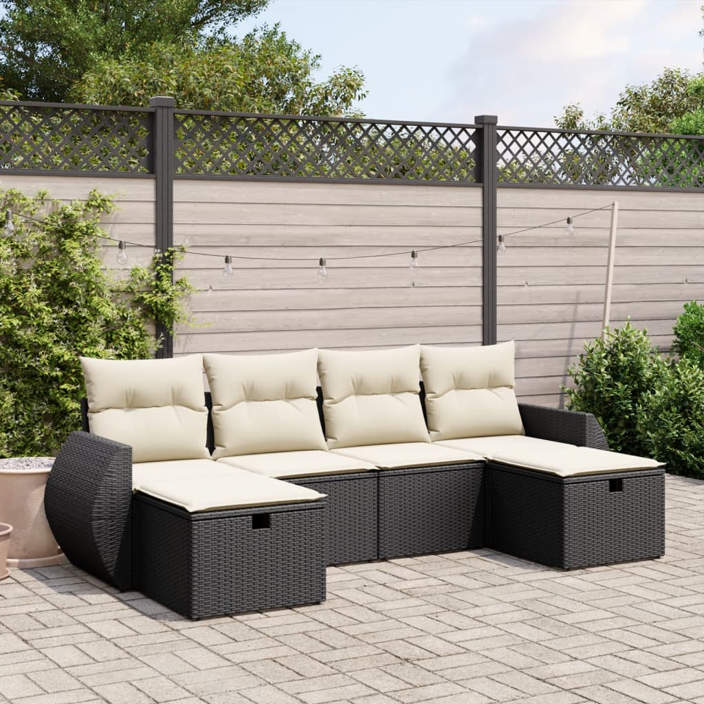 6-tlg. Garten-Sofagarnitur mit Kissen Schwarz Poly Rattan