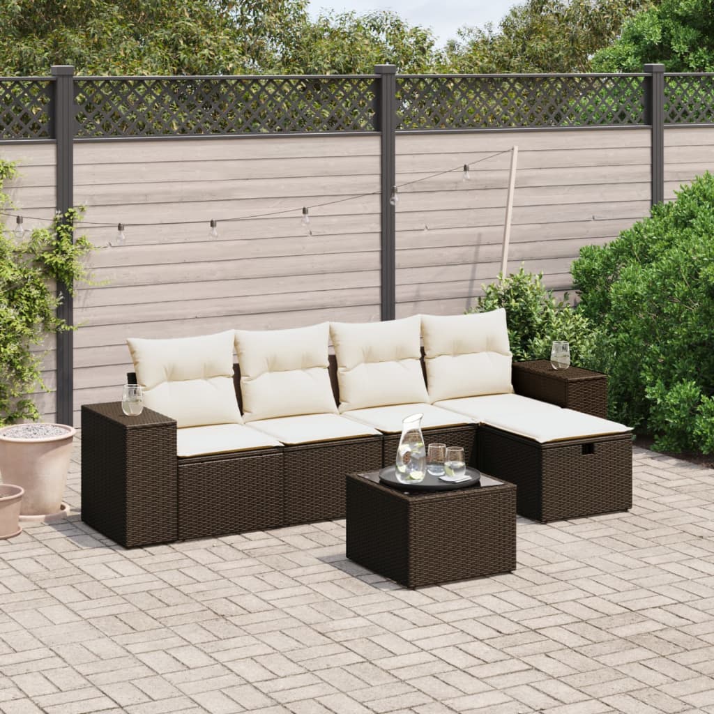 6-tlg. Garten-Sofagarnitur mit Kissen Braun Poly Rattan