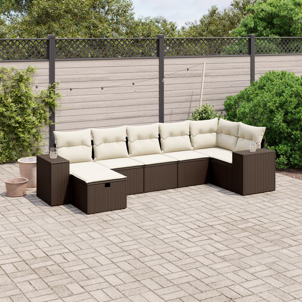 7-tlg. Garten-Sofagarnitur mit Kissen Braun Poly Rattan