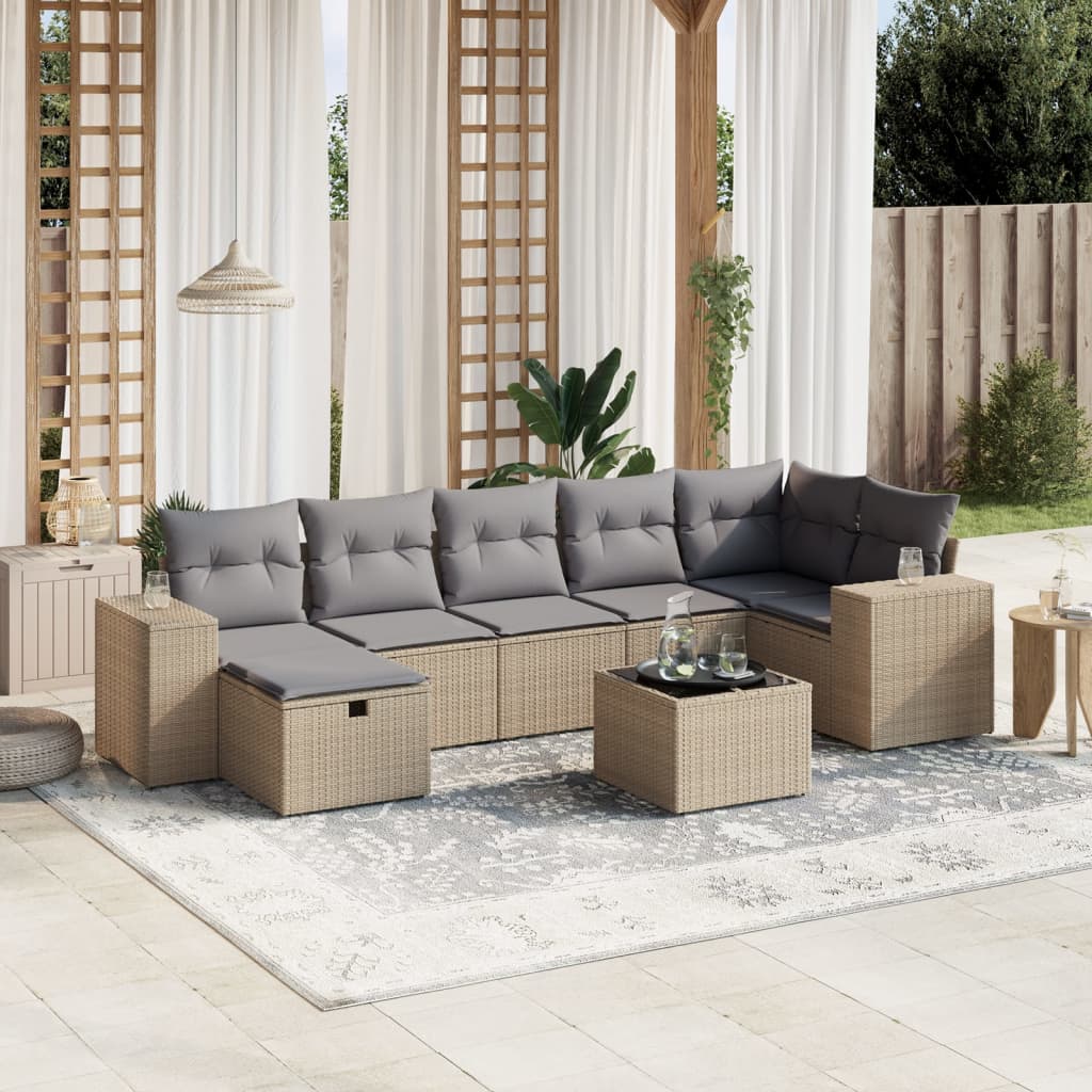 8-tlg. Garten-Sofagarnitur mit Kissen Beige Poly Rattan