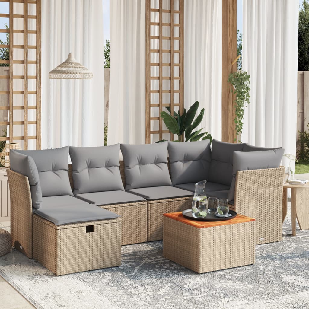7-tlg. Garten-Sofagarnitur mit Kissen Beige Poly Rattan