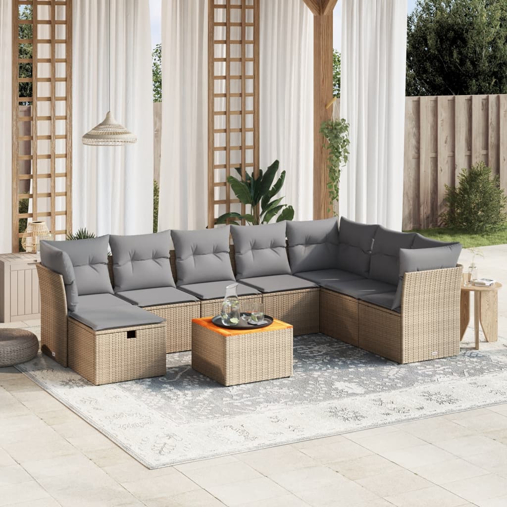 9-tlg. Garten-Sofagarnitur mit Kissen Beige Poly Rattan