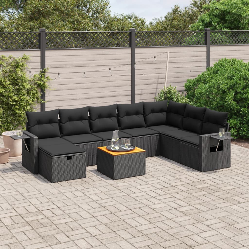 9-tlg. Garten-Sofagarnitur mit Kissen Schwarz Poly Rattan