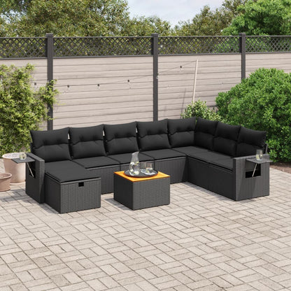 9-tlg. Garten-Sofagarnitur mit Kissen Schwarz Poly Rattan