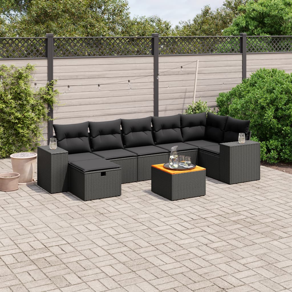 8-tlg. Garten-Sofagarnitur mit Kissen Schwarz Poly Rattan