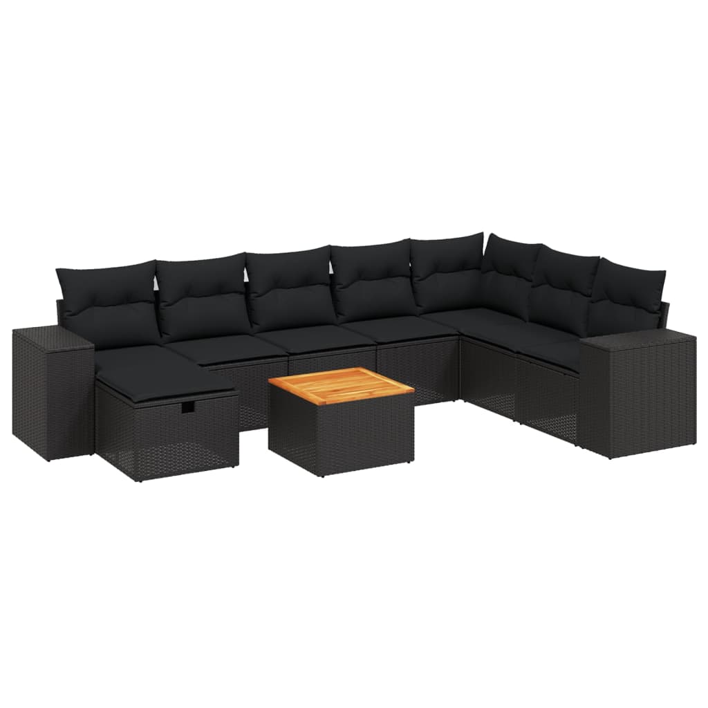 9-tlg. Garten-Sofagarnitur mit Kissen Schwarz Poly Rattan