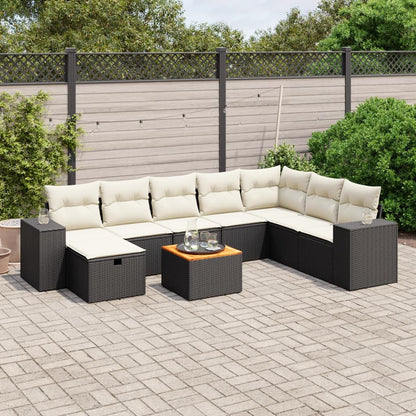 9-tlg. Garten-Sofagarnitur mit Kissen Schwarz Poly Rattan