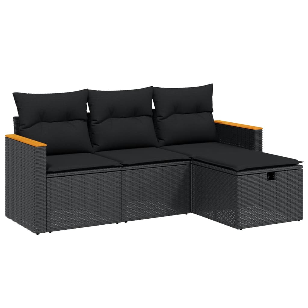 4-tlg. Garten-Sofagarnitur mit Kissen Schwarz Poly Rattan