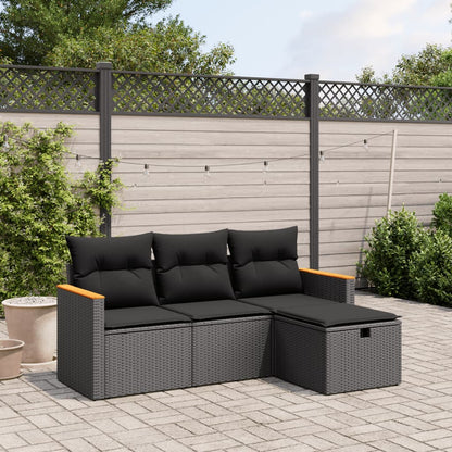 4-tlg. Garten-Sofagarnitur mit Kissen Schwarz Poly Rattan