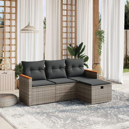 4-tlg. Garten-Sofagarnitur mit Kissen Grau Poly Rattan