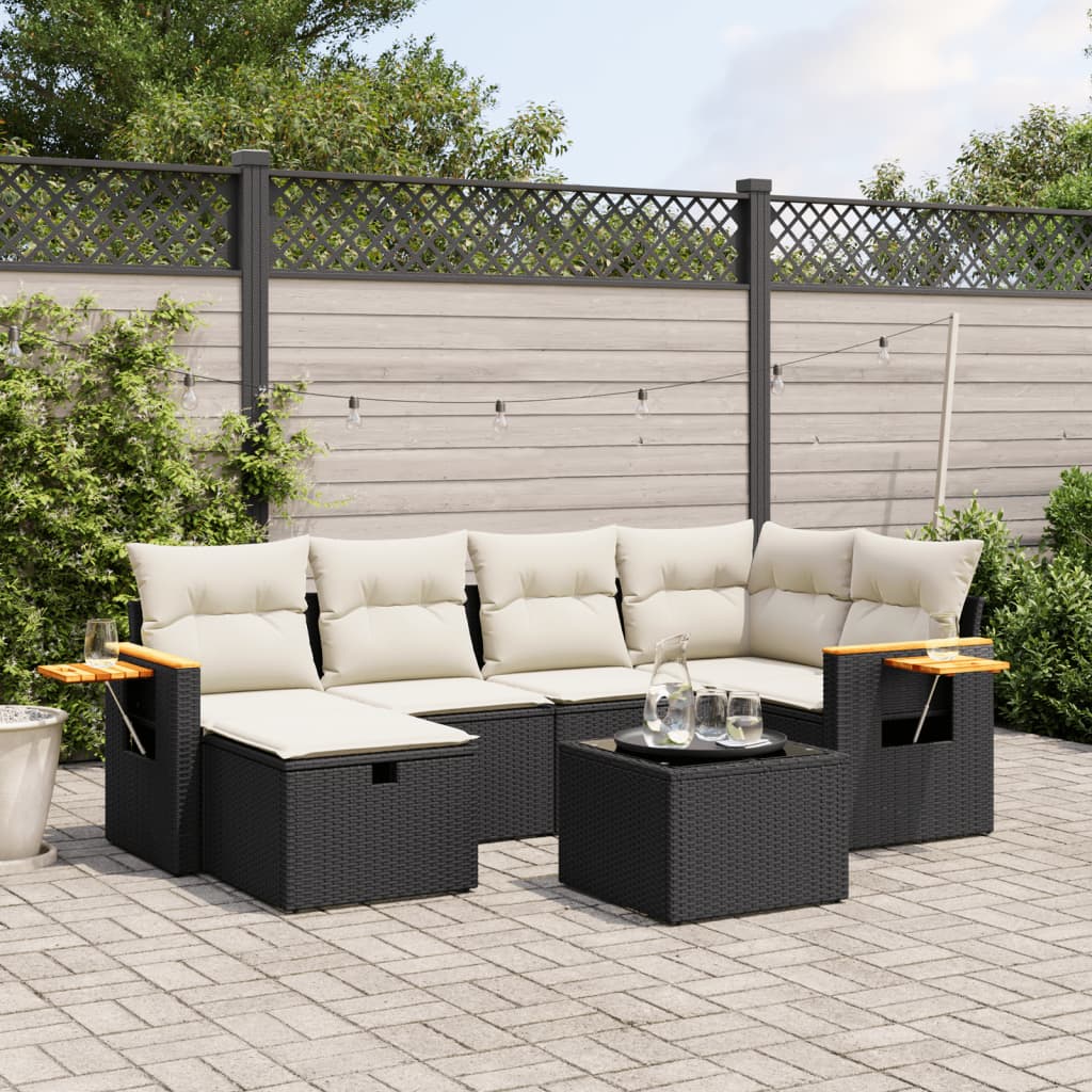 7-tlg. Garten-Sofagarnitur mit Kissen Schwarz Poly Rattan