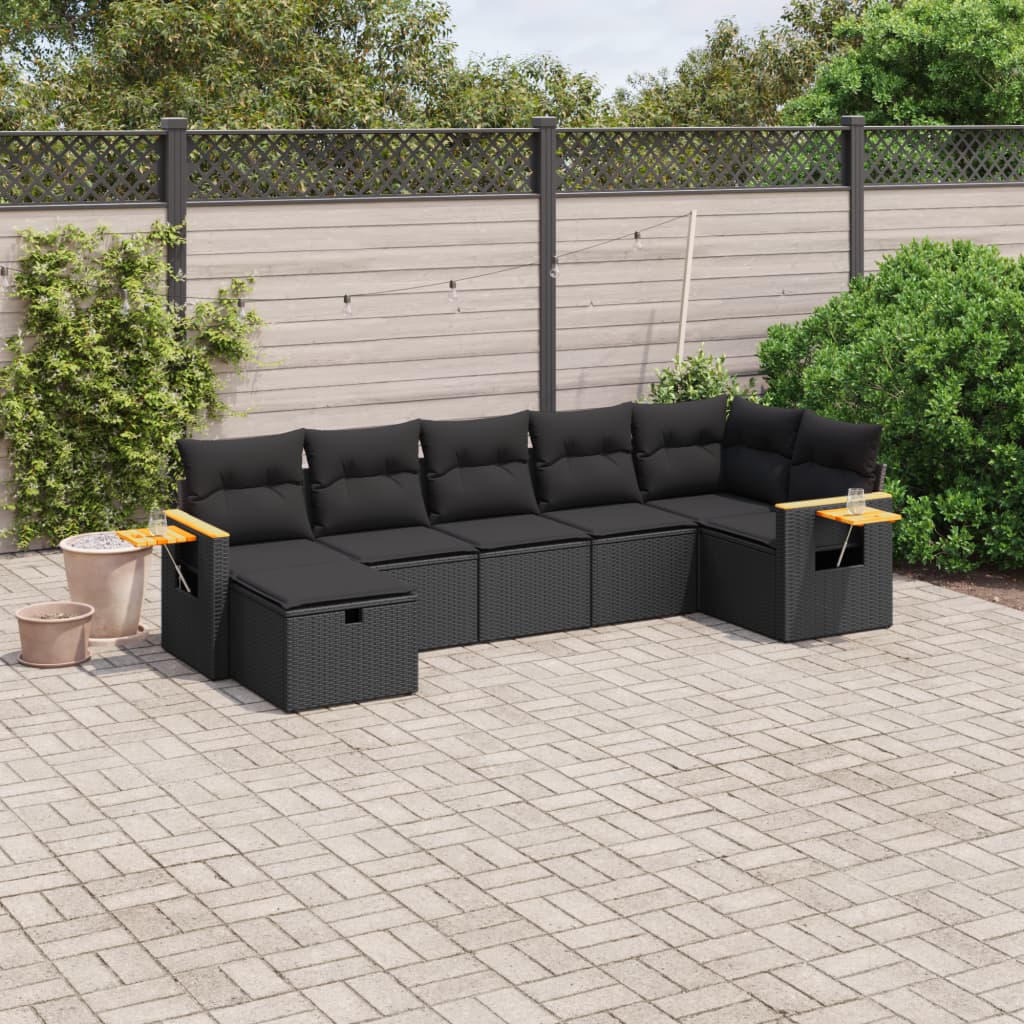 7-tlg. Garten-Sofagarnitur mit Kissen Schwarz Poly Rattan