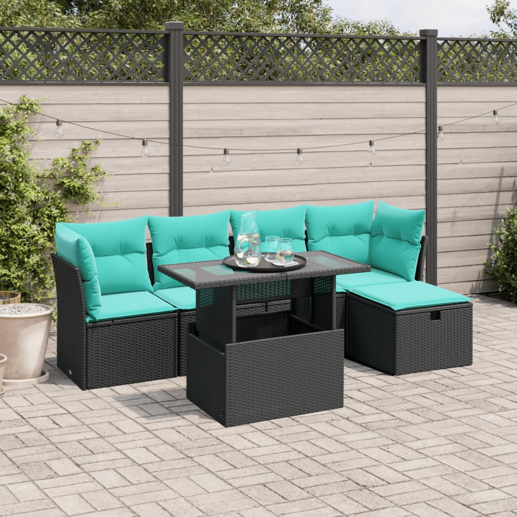 6-teiliges Gartensofa-Set mit Kissen, schwarzes Polyrattan