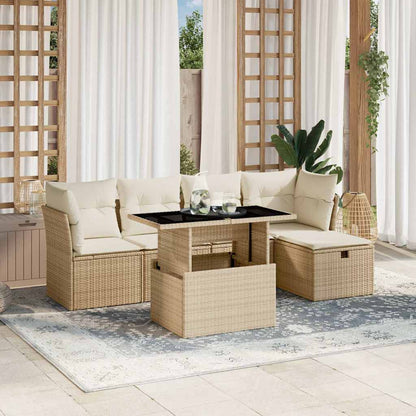 6-tlg. Garten-Sofagarnitur mit Kissen Beige Poly Rattan