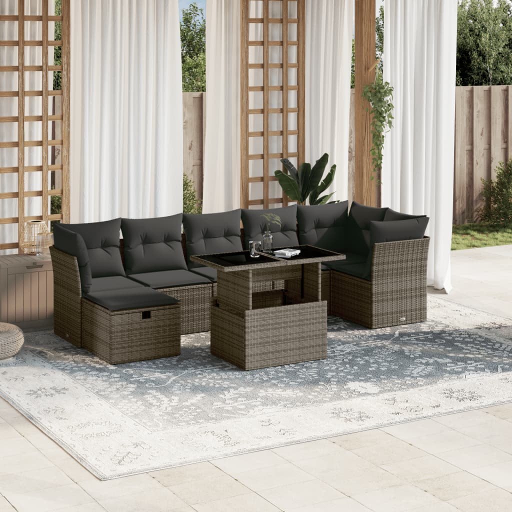 8-tlg. Garten-Sofagarnitur mit Kissen Grau Poly Rattan