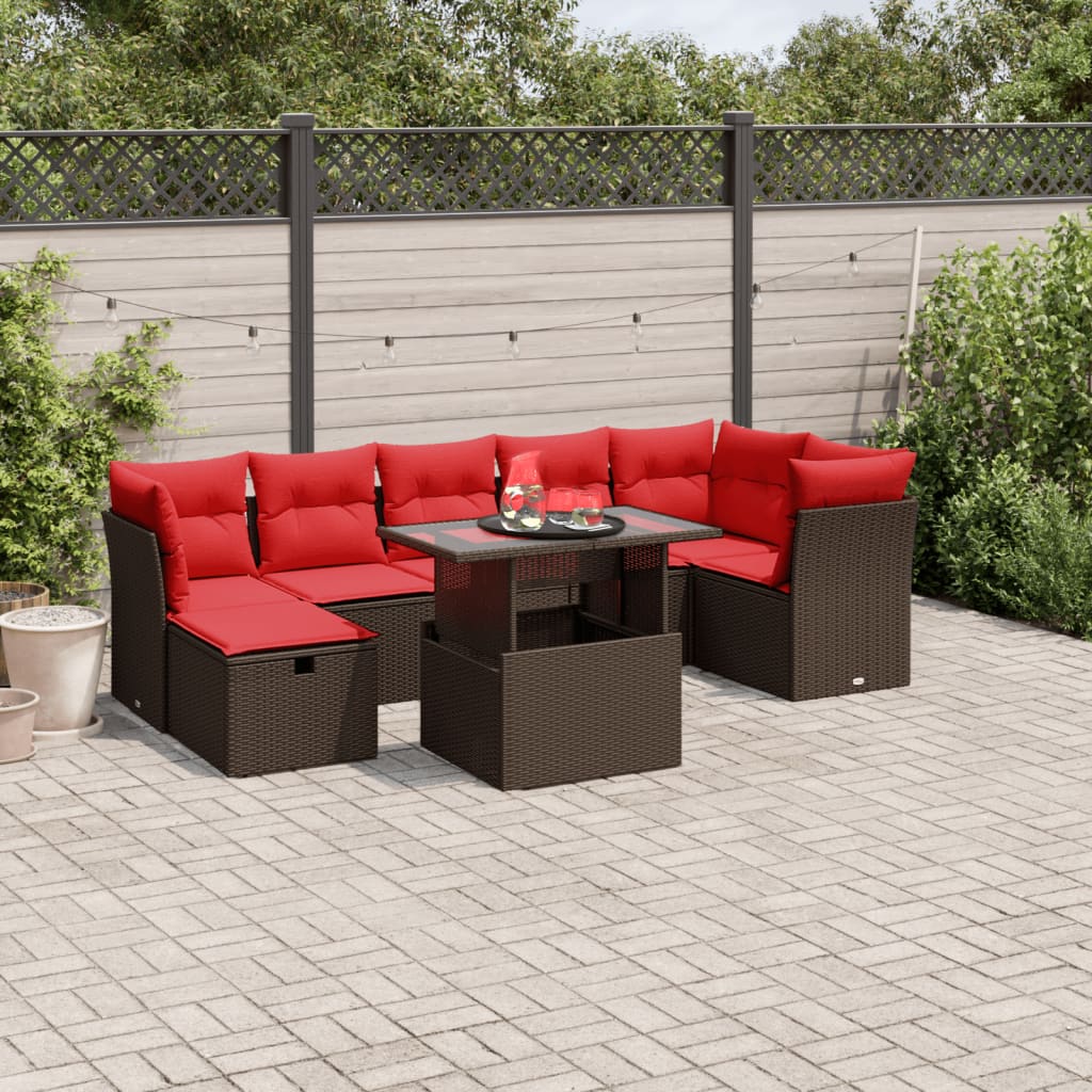 8-teiliges Gartensofa-Set mit Kissen, braun, Polyrattan