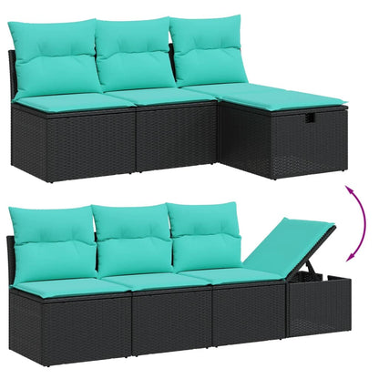 9-teiliges Gartensofa-Set mit Kissen, schwarzes Polyrattan