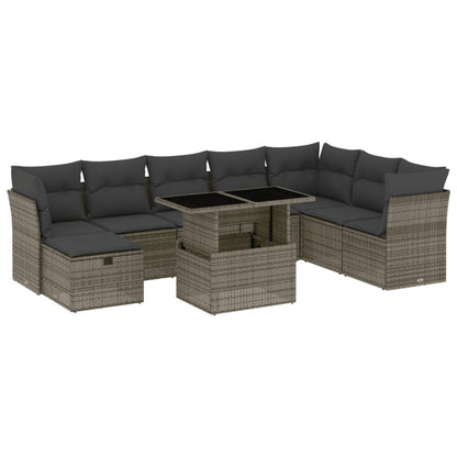 9-tlg. Garten-Sofagarnitur mit Kissen Grau Poly Rattan