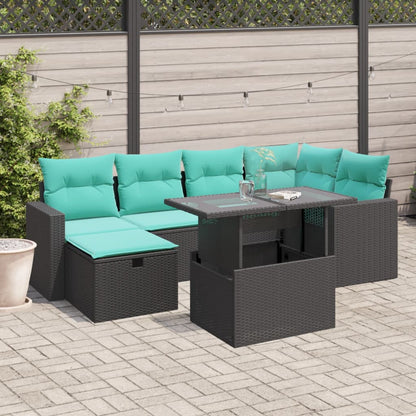 7-teiliges Gartensofa-Set mit Kissen, schwarzes Polyrattan