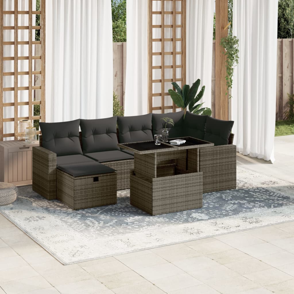 7-tlg. Garten-Sofagarnitur mit Kissen Grau Poly Rattan