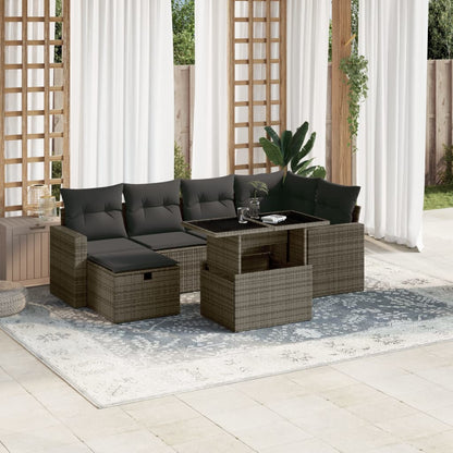 7-tlg. Garten-Sofagarnitur mit Kissen Grau Poly Rattan