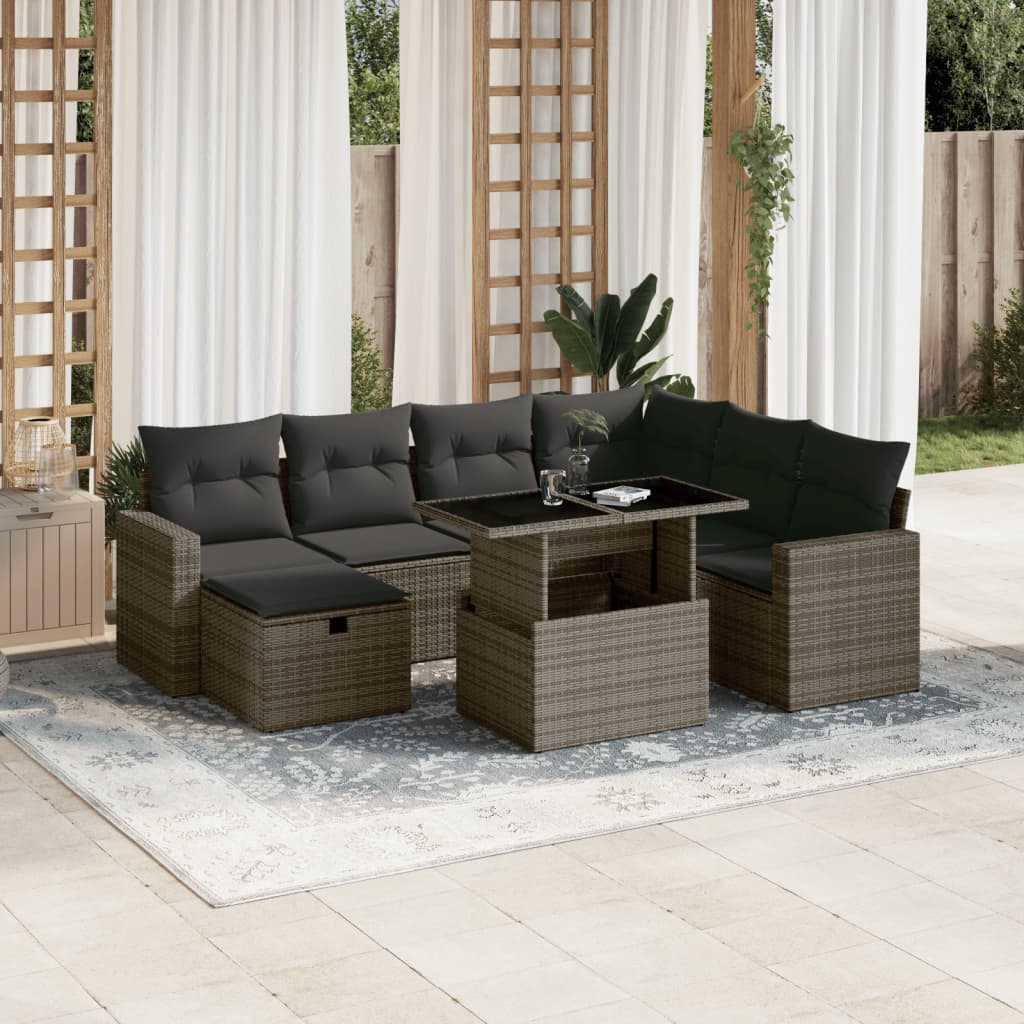 8-tlg. Garten-Sofagarnitur mit Kissen Grau Poly Rattan
