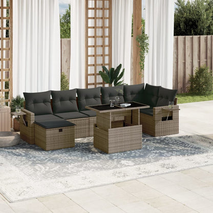 8-tlg. Garten-Sofagarnitur mit Kissen Grau Poly Rattan