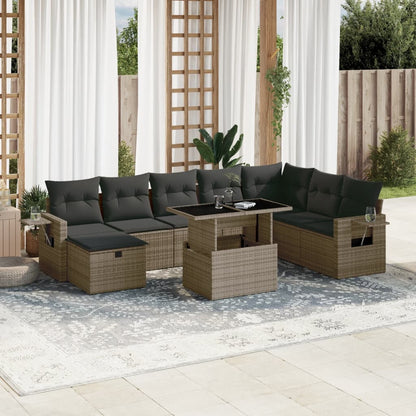 9-tlg. Garten-Sofagarnitur mit Kissen Grau Poly Rattan