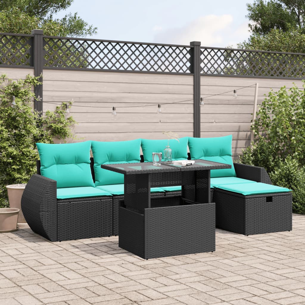 6-teiliges Gartensofa-Set mit Kissen, schwarzes Polyrattan