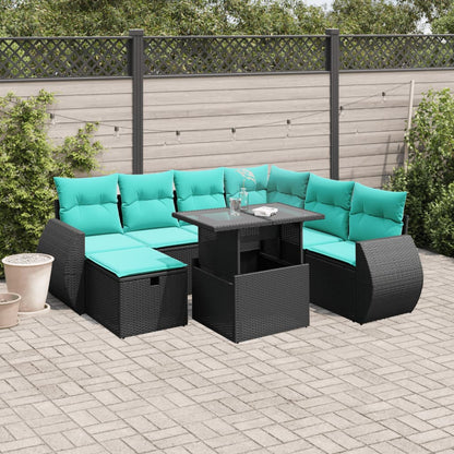 8-teiliges Gartensofa-Set mit Kissen, schwarzes Polyrattan