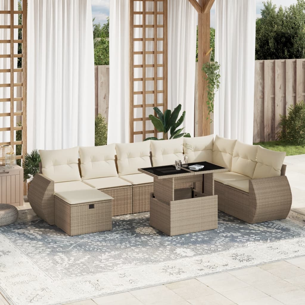 9-tlg. Garten-Sofagarnitur mit Kissen Beige Poly Rattan