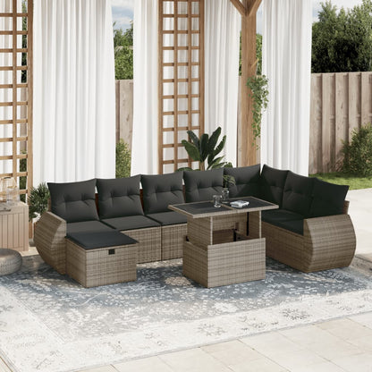 9-tlg. Garten-Sofagarnitur mit Kissen Grau Poly Rattan