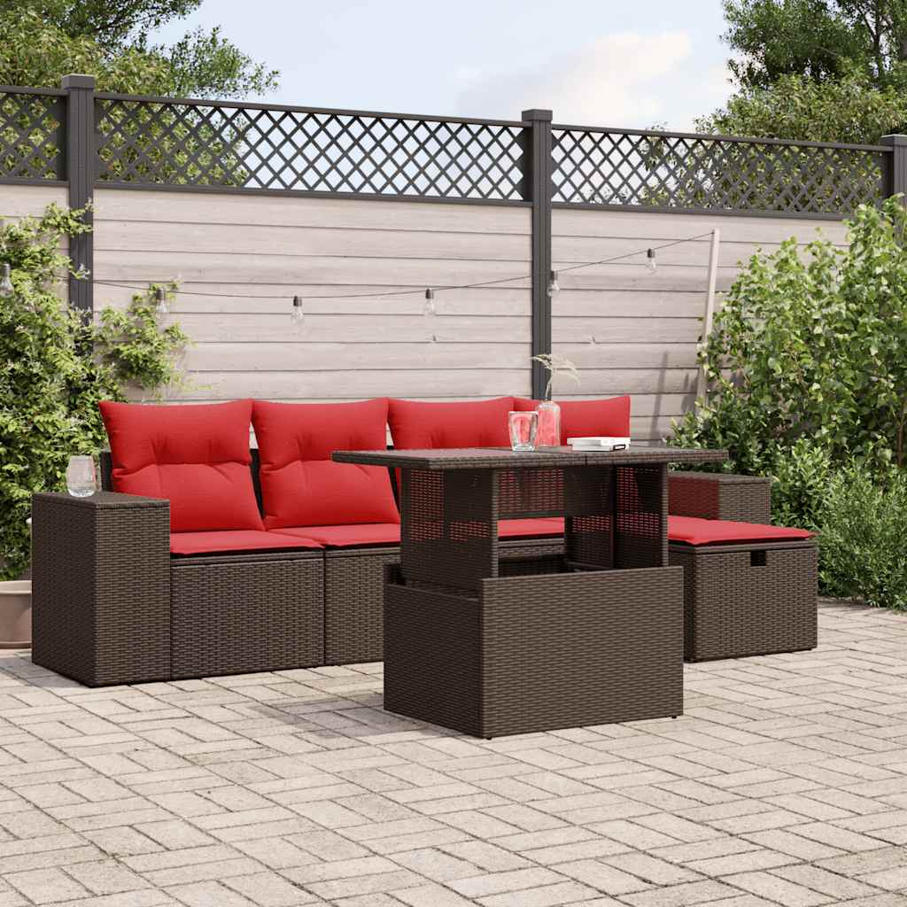 6-teiliges Gartensofa-Set mit Kissen, braun, Polyrattan