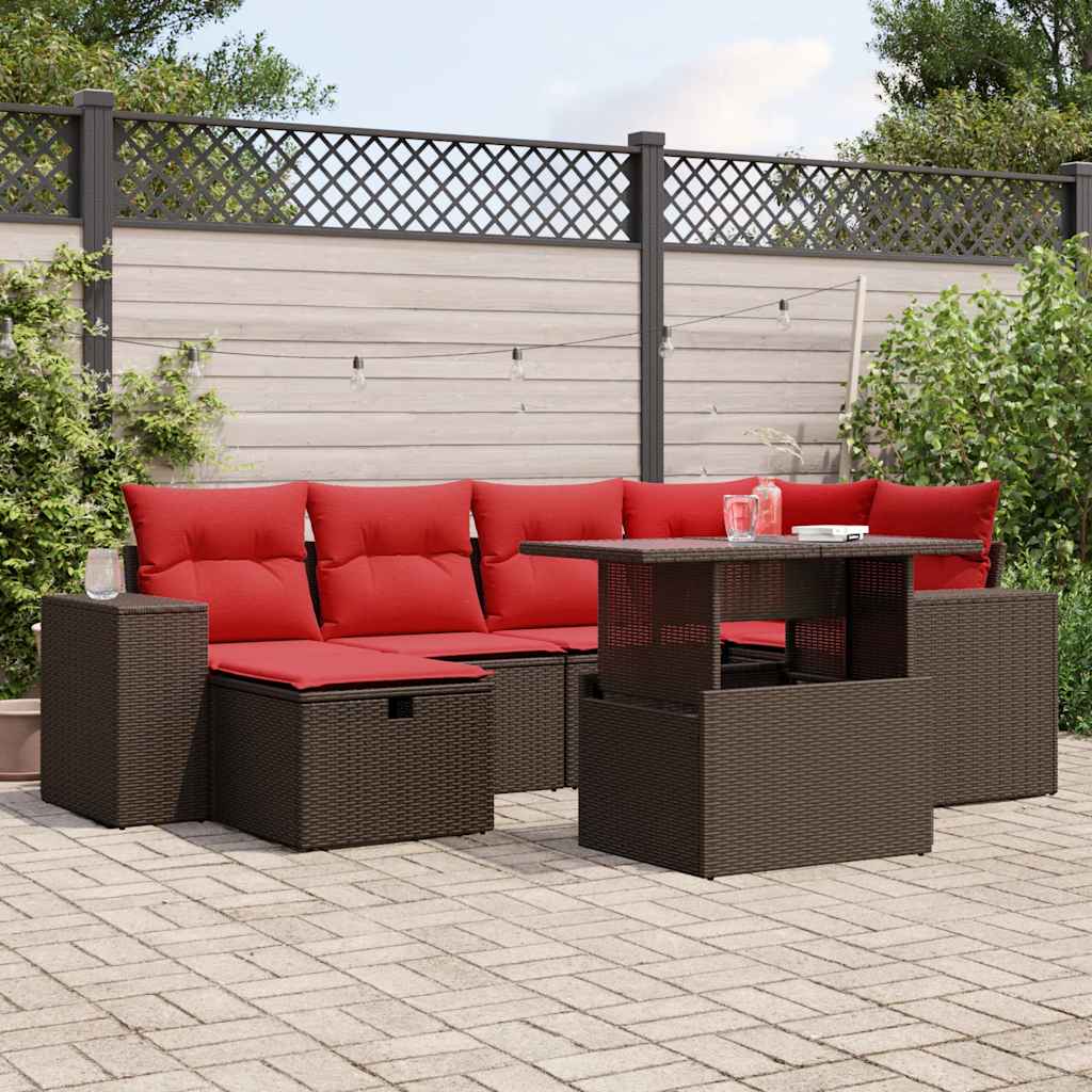 7-teiliges Gartensofa-Set mit Kissen, braun, Polyrattan