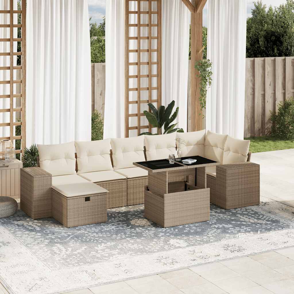8-tlg. Garten-Sofagarnitur mit Kissen Beige Poly Rattan