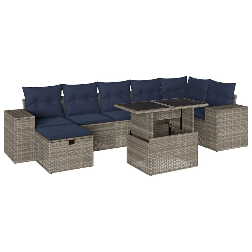 8-teiliges Gartensofa-Set mit Kissen, grau, Polyrattan