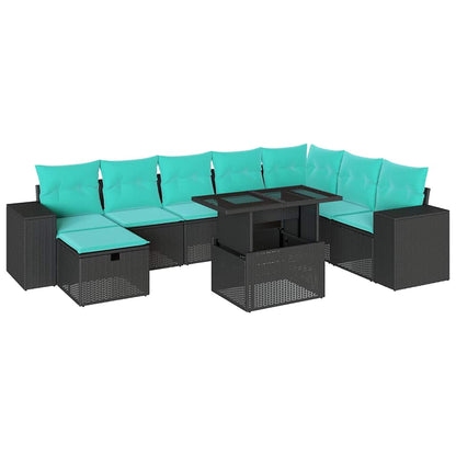 9-teiliges Gartensofa-Set mit Kissen, schwarzes Polyrattan