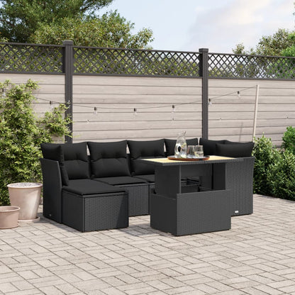 7-tlg. Garten-Sofagarnitur mit Kissen Schwarz Poly Rattan
