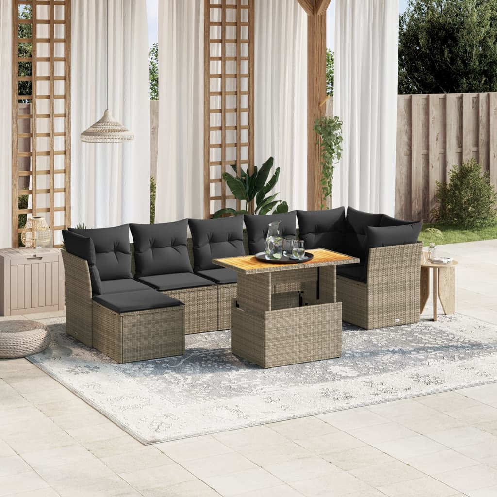 8-tlg. Garten-Sofagarnitur mit Kissen Grau Poly Rattan