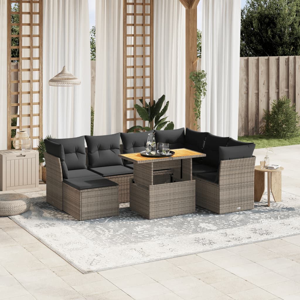 8-tlg. Garten-Sofagarnitur mit Kissen Grau Poly Rattan