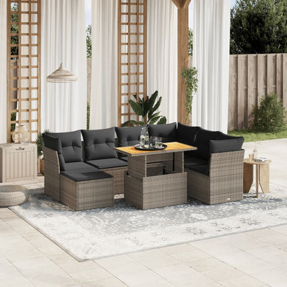 8-tlg. Garten-Sofagarnitur mit Kissen Grau Poly Rattan