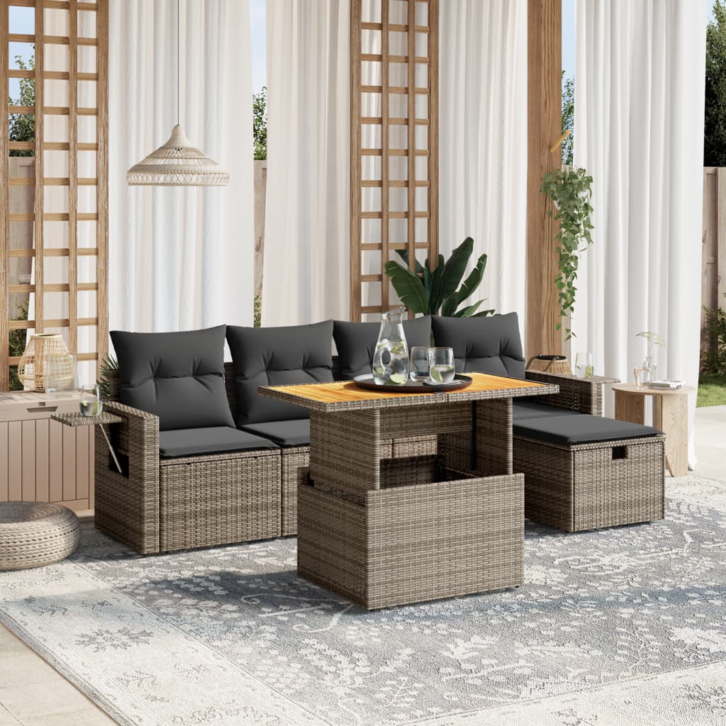 6-tlg. Garten-Sofagarnitur mit Kissen Grau Poly Rattan