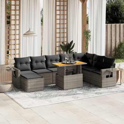 9-tlg. Garten-Sofagarnitur mit Kissen Grau Poly Rattan